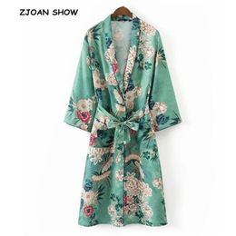 BOHO Ethnic Flower Print with sashes Kimono Shirt Retro Bandage Cardigan Blouse Tops blusas chemise femme blusa Holiday 210429