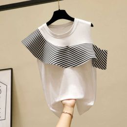 Off Shoulder Tops Women Korean-style Summer Wild Cotton Ladies Shirts Stripes Casual Fashion Female 210615