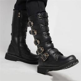 Men's Leather Motorcycle Boots Mid-calf Military Combat Boots Gothic Belt Punk Boots Men Shoes Tactical Army Boot 210820