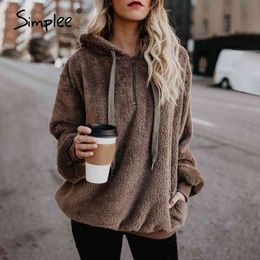 Hooded coral fleece pullover sweatshirt women Zipper warm solid long sleeve hoodies Casual loose plus size coats 210414