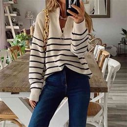 Autumn Winter Women Casual Long Sleeve Striped Patchwork Jumpers Ladies Loose Knitted Sweaters Fashion Zip V-Neck Tops Pullover 210914