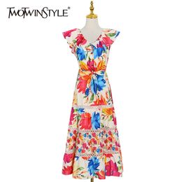 Hit Color Print Dress For Women V Neck Short Sleeve High Waist Sashes Slim Midi Dresses Female Summer 210520