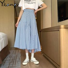 Summer Women Cheque Skirt Elastic High Waist Slim A-Line Women Maxi Skirt Irregular Patchwork Long Jupe Femme Vintage Plaid Skirt 210619