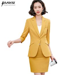 Naviu Casual Fashion Yellow Suit Female Spring Summer Temperament High-End Professional Small Jacket and Skirt 210604
