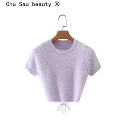 Fashion Spring Casual 0-neck Purple Furry Knitted Crop Top Women Streetwear Style Short Sleeve Pullovers Female Jumper 210508