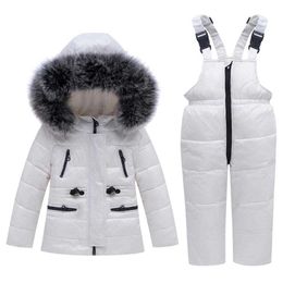 1-5 Years Kids Winter Clothing Sets 2pcs Fox Fur Collar Hooded Down Jackets+Warm Jumpsuit Boutique Boys Girls Skiing Suits H0909