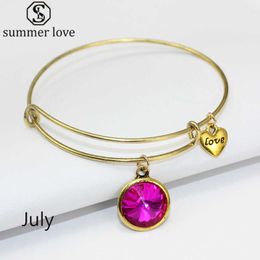 Cheap Wholesale Birthstone Charm Love Bangle Expandable Wire Bracelets for Women Gold Color Bangles Jewelry Q0719