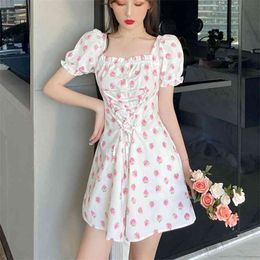 Strawberry Dress Women Elegant Boho Beach Fairy Mini Casual Summer Korean Japan Style Bandage Party For 210514
