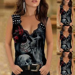 Gothic Black Ladies Tank Skull Print V-Neck Sleeveless Bead Lace V Neck Vest Crop Top Summer Fashion Street Wear Blouses D30