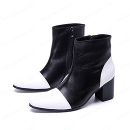 Black White Patchwork Men Dress Boots Genuine Leather High Heel Boots Man Short Boots Formal Party Shoes