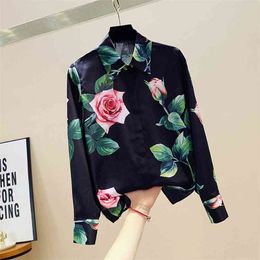 Spring Autumn Women's Long-sleeved Shirt Rose Flower Fashion All-match Printed Tops Blouse Women GD587 210719