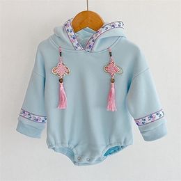 Ethnic Style Infant Baby Girls Thicken Hooded Rompers Clothing Autumn Winter Kids Girl Long Sleeve Clothes 210521