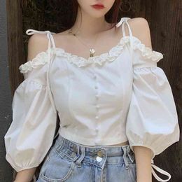 Ezgaga Casual Women Shirts Korean Fashion Blouse Slash Neck Puff Sleeve Spring Summer Solid Bandage Crop Tops All-Match 210430