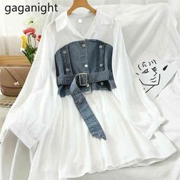 Jeans Patchwork Women Dress Long Sleeve Single Breasted Chic Fashion Shirt Dresses Female Casual Loose Vestidos Slim 210601