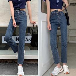 Streetwear Straight Solid Colour Woman Jeans Slim Fashion Pockets Long Trousers Spring Summer Ladies High Waist Denim Pants 210527