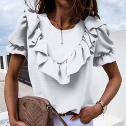 Women leisure summer short sleeves ruffled solid Colour O neck shirt women tops back button hollow out fashion stylish loose tops 210412