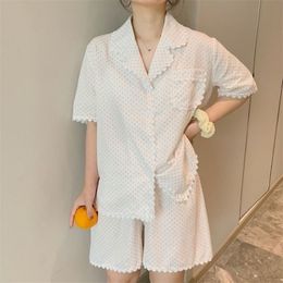 QWEEK Polka Dot Women's Pyjamas Korean Sleepwear Summer Pijama Female Set Woman 2 Pieces Lace Brief Suits with Shorts Pyjamas 210830
