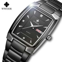 Wwoor Fashion Quadrado Praça Full Black Watch para Mulheres Luxo Diamante Dress Senhoras Quartz relógios de Pulso Relógio Relógio Montre Femme 210527