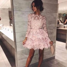 Pink Short Homecoming Dresses Long Sleeves Jewel Neck Cheap Party Evening Mini Length Prom Formal Gowns