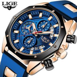 LIGE Fashion Mens Watches Top Brand Luxury Silicone Sport Watch Men Quartz Date Clock Waterproof Wristwatch Chronograph 220225