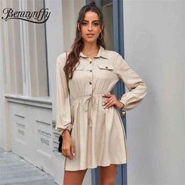 Vintage Lapel Button Women Shirt Dress Autumn Casual Office Long Sleeve Ladies A-line Drawstring Waist Mini Dresses 210510