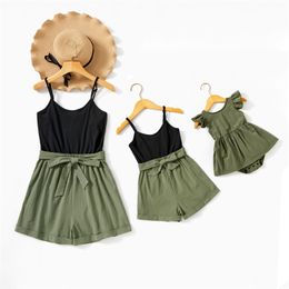 Summer Black and Green Solid Splice Print Sling Rompers(Ruffle Tank Romper for Baby Girl) 210528