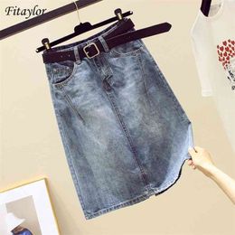 Fitaylor Summer Spring Women Cowboy Skirt Casual High Waist A-line with Belt Simplicity Slim Denim 210621