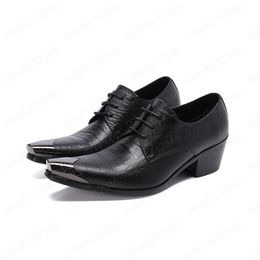 Italian Mens Dress Shoes High Heels Genuine Leather Men's Metal Pointed Toe Lace up black shoe Decor Oxford Formal Office sapato social