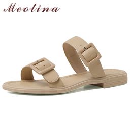 Meotina Shoes Women Natural Genuine Leather Flat Lady Slippers Open Toe Buckle Flats Slides Summer Causal Sandals Black Size 40 210608