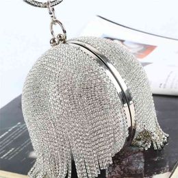 Sliver Diamonds Round Ball Evening Bags For Women Fashion Mini Tassels Clutch Bag Ladies Ring Handbag Clutches 210823