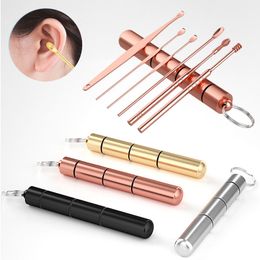 6 Pcs/Set Stainless Steel Ear Cleaning Tool Ear Pick Ear Wax Remove Kit Curette Portable Pendant Storage Cylinder Keychain