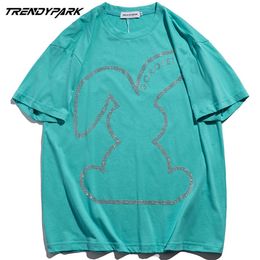 Men's Hip Hop Oversize T Shirt Diamond Rabbit Print T-Shirt Harajuku Cotton Streewtear Summer Short Sleeve Tshirt Green Tee 210601