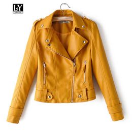 Ly Varey Lin Women Autumn Pu Leather Jacket Short Design Faux Soft Coat Slim Black Red Rivet Zipper Motorcycle Jackets 210526