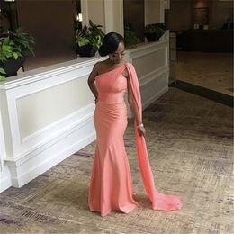 Shoulder Bridesmaid One Floor Length Sweep Train Mermaid Satin Pleated Wedding Party Bridemaid Dresses