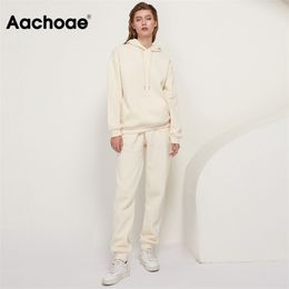 Aachoae Solid 100% Cotton Suits Women Set Fleece Pullover Hooded Hoodies Sweatshirts Casual Pants Tracksuit Plus Size 210727