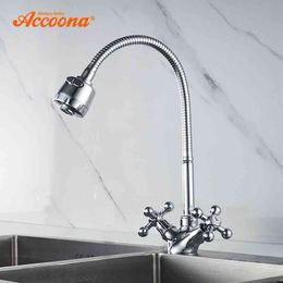 Accoona Chrome Kitchen Faucet Finish Copper Kitchen Faucets Rotatable Kitchen Mixer Universal Dual Holder Single Hole Tap A4871 210724