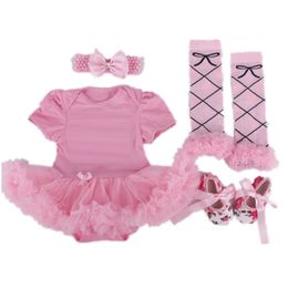 Pink Cartoon Baby Girl Clothes 4 in 1 Sets Newborn Lace Tutu Dress Bodysuit Leg Warmer Legging First Walker Headband Outfit 0-2Y 210413