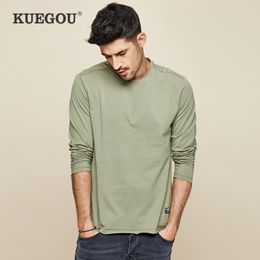 KUEGOU 100% cotton men's long sleeve T-shirt pure contracted fashion pure Colour render unlined upper garment top size ZT-7767 210524