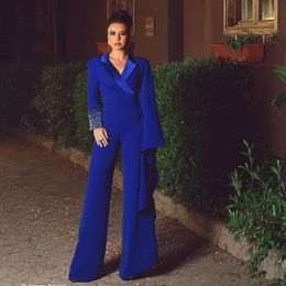 Royal Blue Jumpsuit Evening Dresses Rhinestone Beads Prom Dress Long Sleeve Pants V Neck Special Occasion Party Gown Robe de mariée