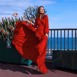 Foridol Long sleeve autumn winter v neck party dress women sexy slit long red evening maxi dress elegant ladies sash dress 210415