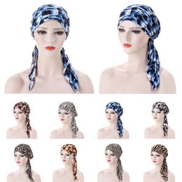 Muslim Women Pre-Tied Hijab Turban Print Chemo Cap Long Tail Headscarf Stretch Cancer Hat Hair Loss Cover Beanie Bonnet Wrap New