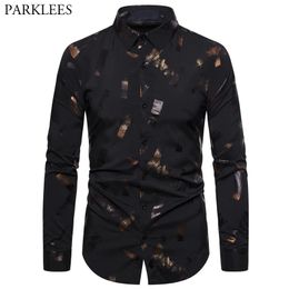 Gold Bronzing Mens Shirt Colourful Printed Men Dress Shirts Long Sleeve Black Shirt Casual Slim Fit Button Down Shirt for Men USA 210524