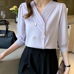 Women's T-Shirt Spring Fall Korean Fashion Chiffon Blouses Light Blue Womens Tops And Loose Long Sleeve Office Shirts