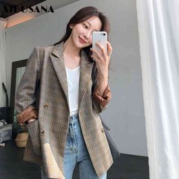 Elegant Plaid Women Blazer Notched Collar Double Breasted Autumn Jacket Female Casual Pockets Loose Suits 210423