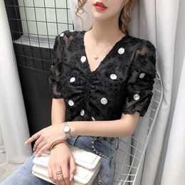 Summer Women's Sexy Short-sleeved Shirt V-neck Chiffon Embroidery Pleated Wild Top Woman GD550 210506