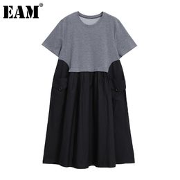 [EAM] Women Grey Spliced Big Size Ruffle Dress Round Neck Short Sleeve Loose Fit Fashion Spring Summer 1DD8184 210512