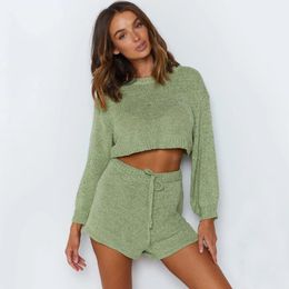 Sweater Suit 2021 Spring O Neck Crop Top Short Knitwear Women Lantern Sleeve Casual Sexy Beach Set LYT30U Women's Sweaters