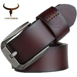 COWATHER Vintage style pin buckle cow genuine leather belts for men 130cm high quality mens belt cinturones hombre 220224