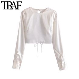 TRAF Women Sexy Fashion Backless Cross Tied Cosy Cropped Blouses Vintage O Neck Long Sleeve Female Shirts Chic Tops 210415