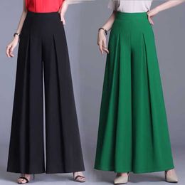 Plus Size 4XL Women Summer Wide Leg Long Trousers Casual Lady High Waist Chiffon Loose Bohemia Skirt Pants Capris Floor Length Q0801